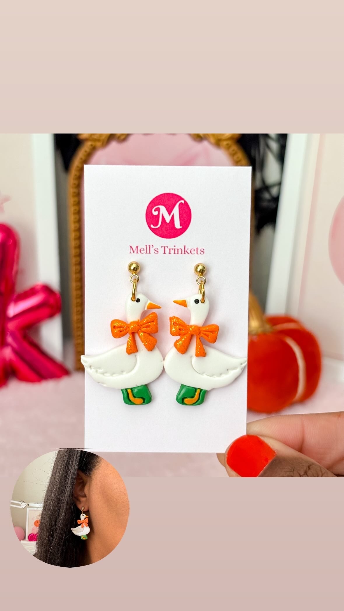 Sparkly Orange Bow Porch Goose Dangles