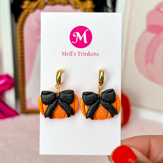 Sparkly Pumpkin Huggies - Black Bow
