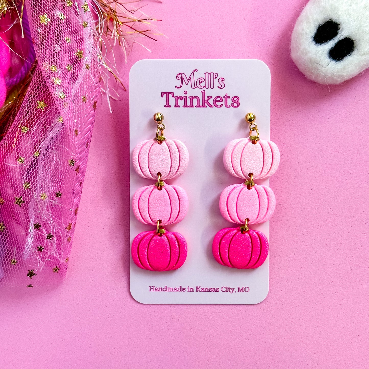 Triple Pumpkin Dangle Earrings - Pink Ombre