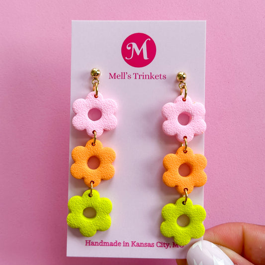 Triple Flower Dangle Earrings - Pink Green Combo