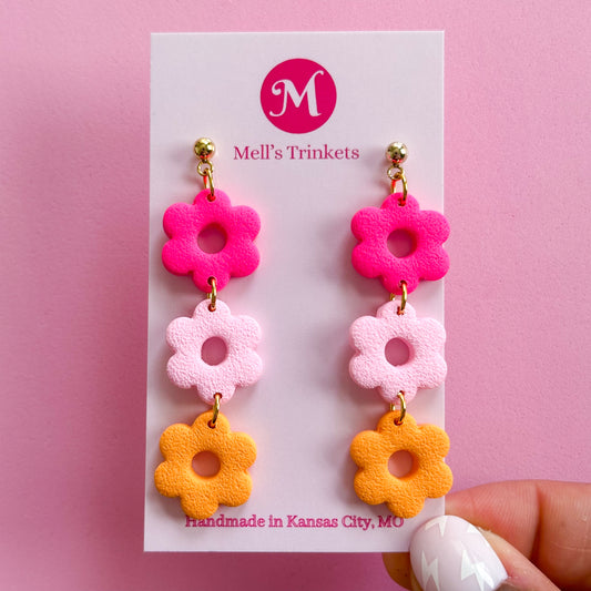 Triple Flower Dangle Earrings - Hot Pink Combo