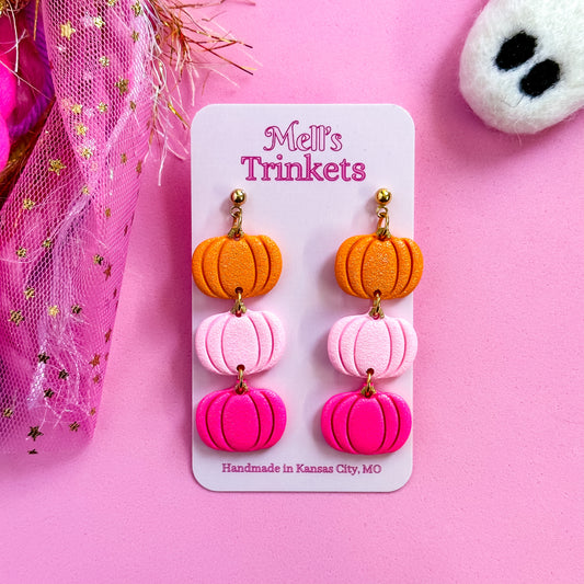 Triple Pumpkin Dangle Earrings - Orange Pink Combo