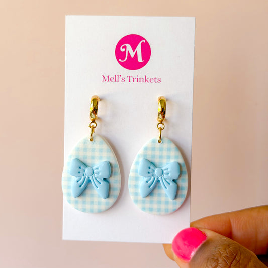 Gingham Bow Egg Dangles - Blue