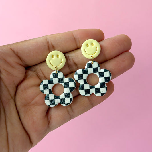 Checkered Smiley Flower Dangles - Butter