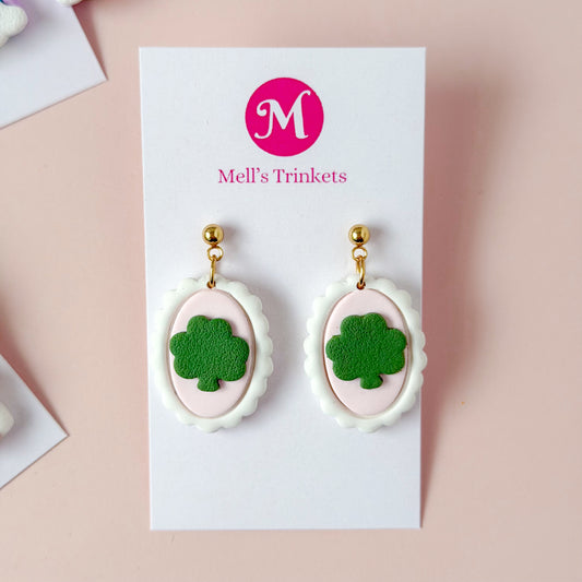Shamrock Frame Dangles Pink + Green