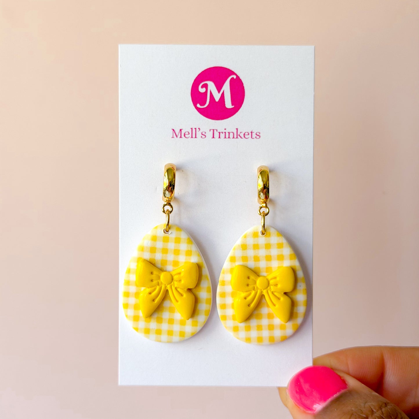 Gingham Bow Egg Dangles - Yellow
