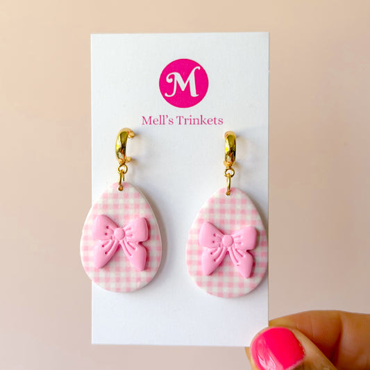Gingham Bow Egg Dangles - Pink