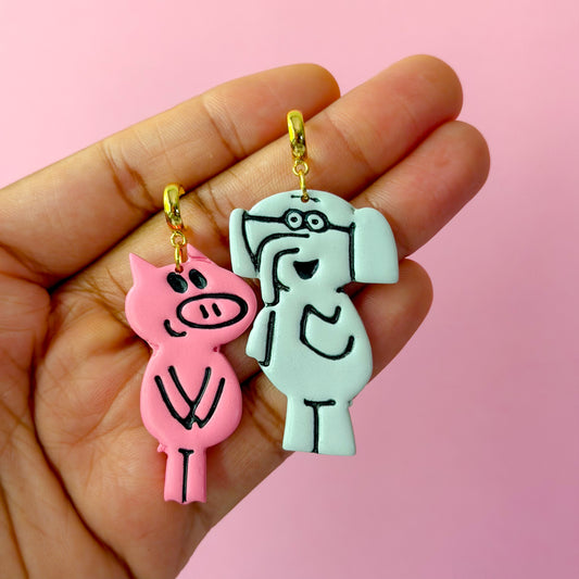 Storybook Pig & Elephant Huggie Hoop Dangles