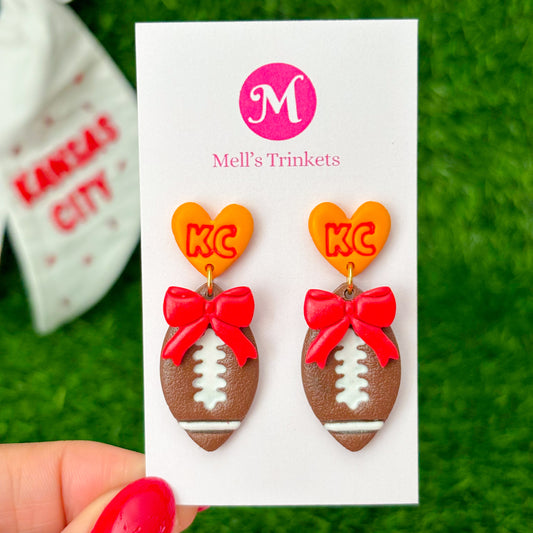 KC Heart Bow Football Dangles