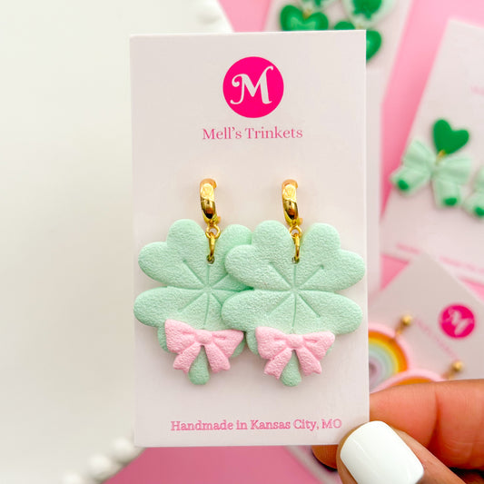 Coquette Bow Shamrock Dangles - Mint Green