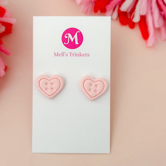 Button Heart Studs - Pink