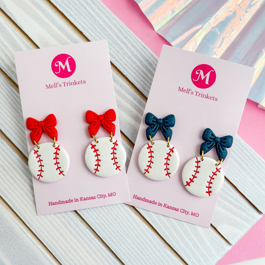 Bows + Baseball Earrings  - Choose Color