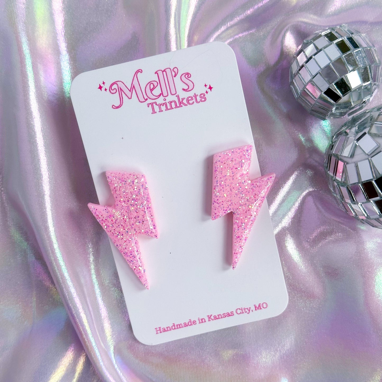 Glittered Lightning Bolt Stud Earrings - Pink